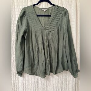 Olive Green Pintuck V-Neck Long Sleeve Top